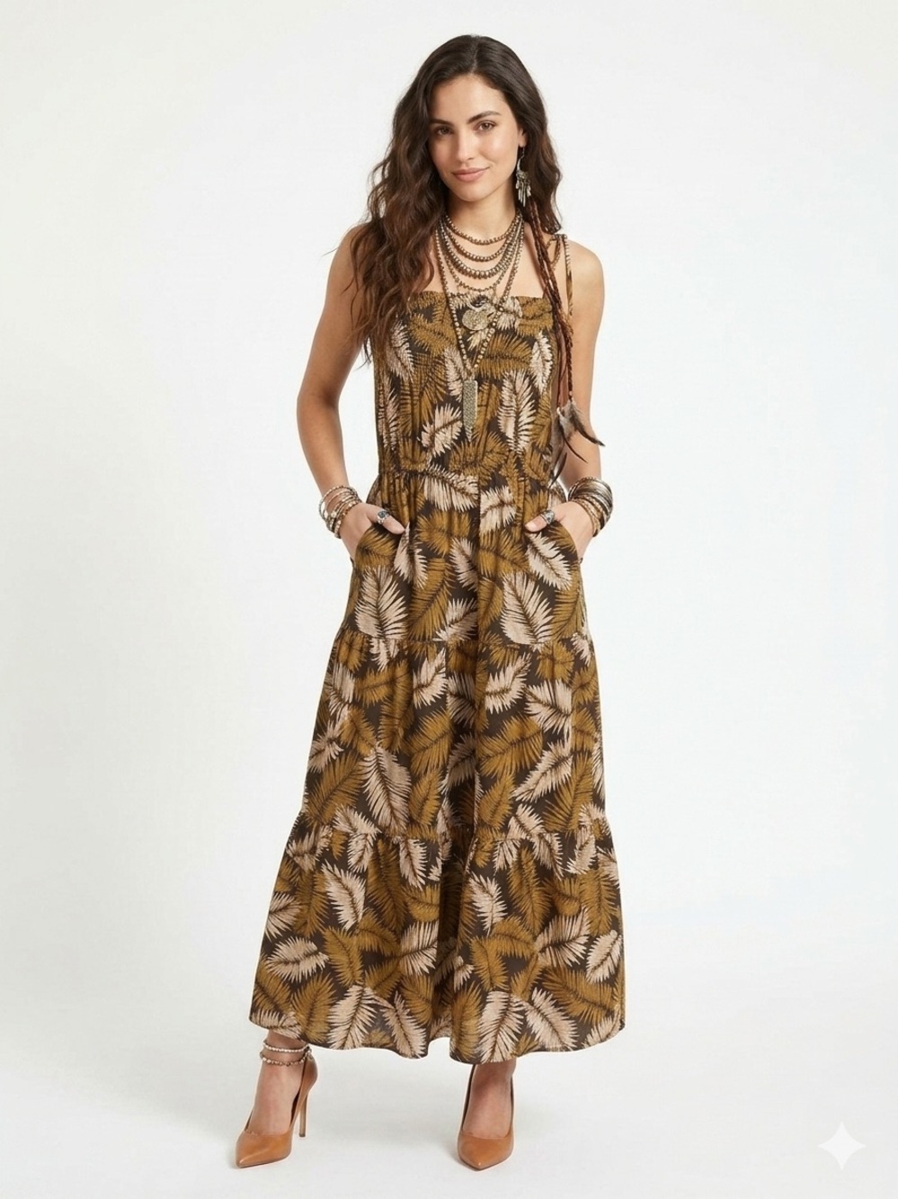 NWT Lost + Wander Smocked Palm Leaf Maxi Dress NWT Size XS Fits Medium Boho